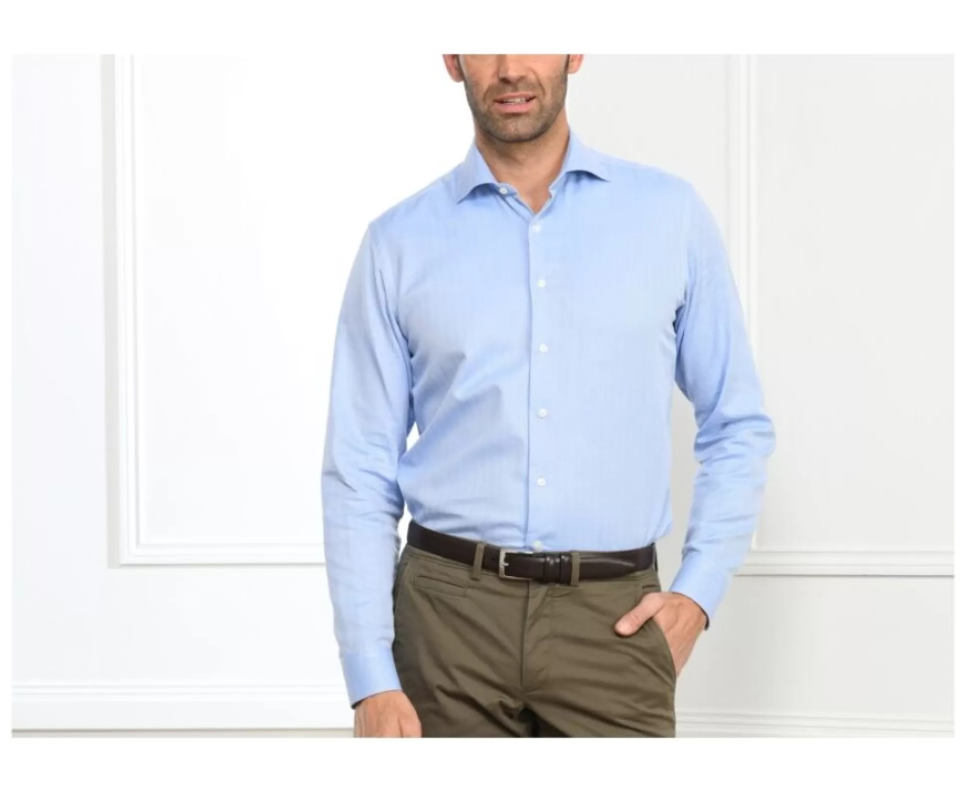 Bexley Chemises Formelles*Chemise E Twill Chevrons - Col Italien Luigi Bleu