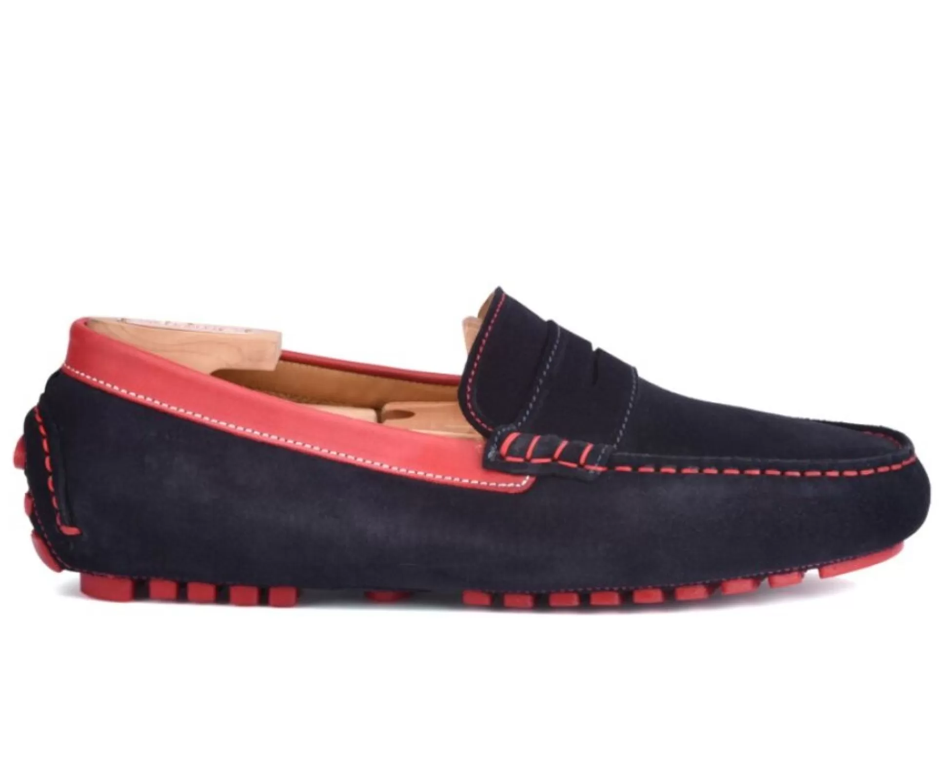 Bexley Mocassins & Drivers*Mocassin Ete Homme Cuir Ferguson Velours Marine Et Cuir Rouge