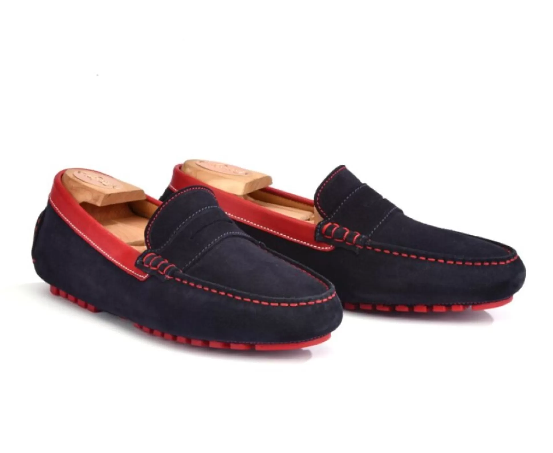 Bexley Mocassins & Drivers*Mocassin Ete Homme Cuir Ferguson Velours Marine Et Cuir Rouge