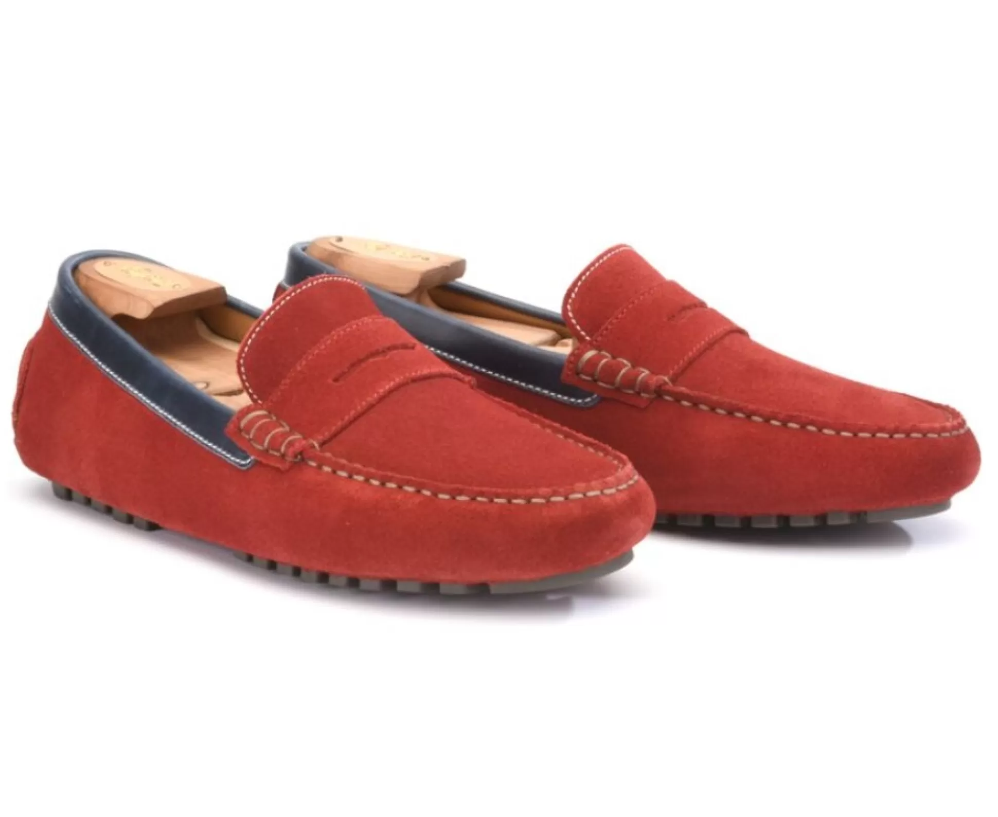 Bexley Mocassins & Drivers*Mocassin Ete Homme Cuir Ferguson Velours Rouge Et Cuir Navy