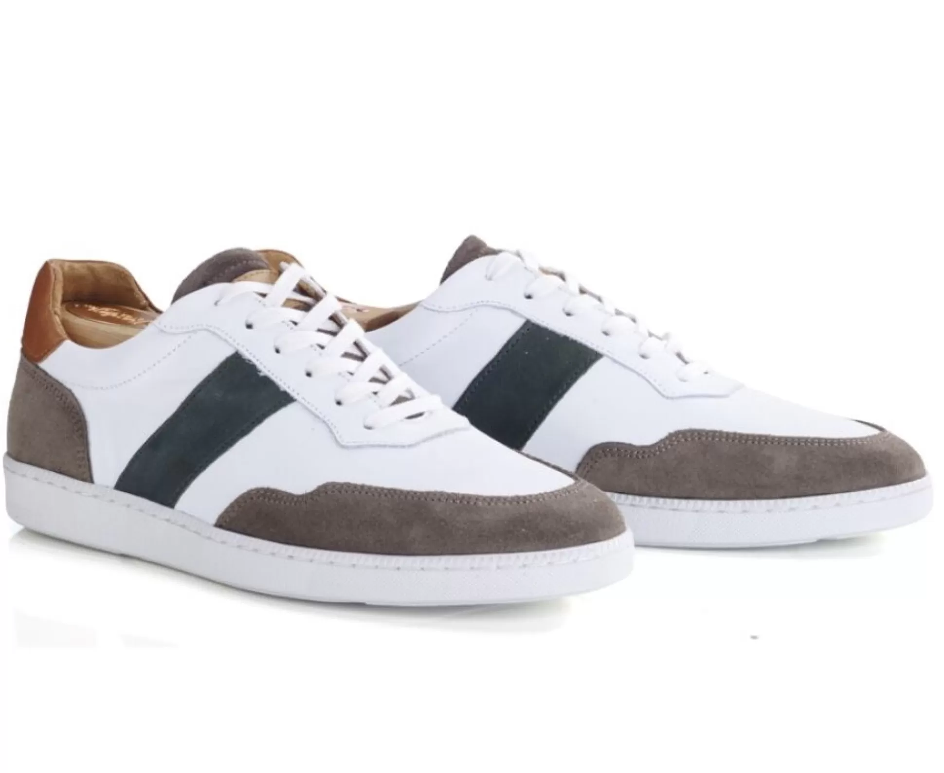 Bexley Sneakers & Baskets*Sneakers Cuir Homme Blanc Taupe Et Vert - Berringa | Cuir Blanc Taupe Et Vert